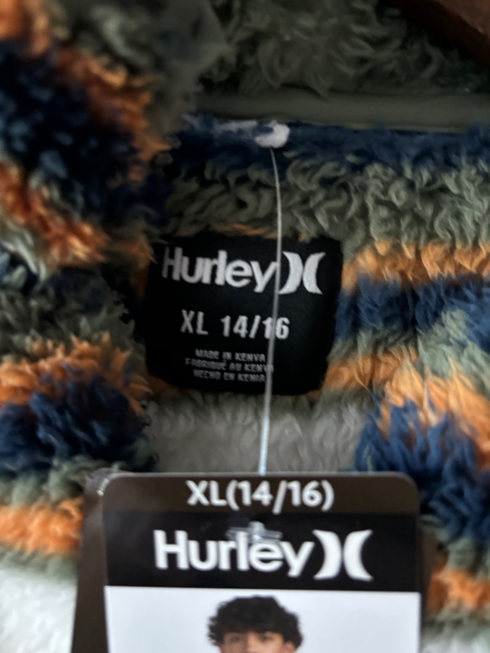 Hurley Boys Striped Sherpa Quarter-Zip Pullover - Olive, Navy, White, Orange - Picture 3 of 5